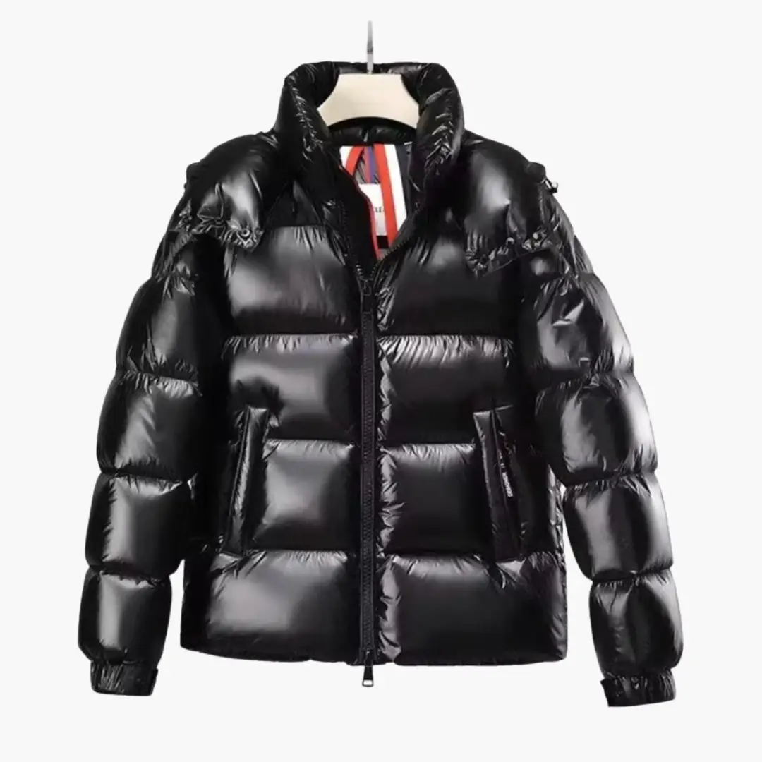 Men's hooded puffer jacket by Wilfred Smith, shiny black finish with zip fastening