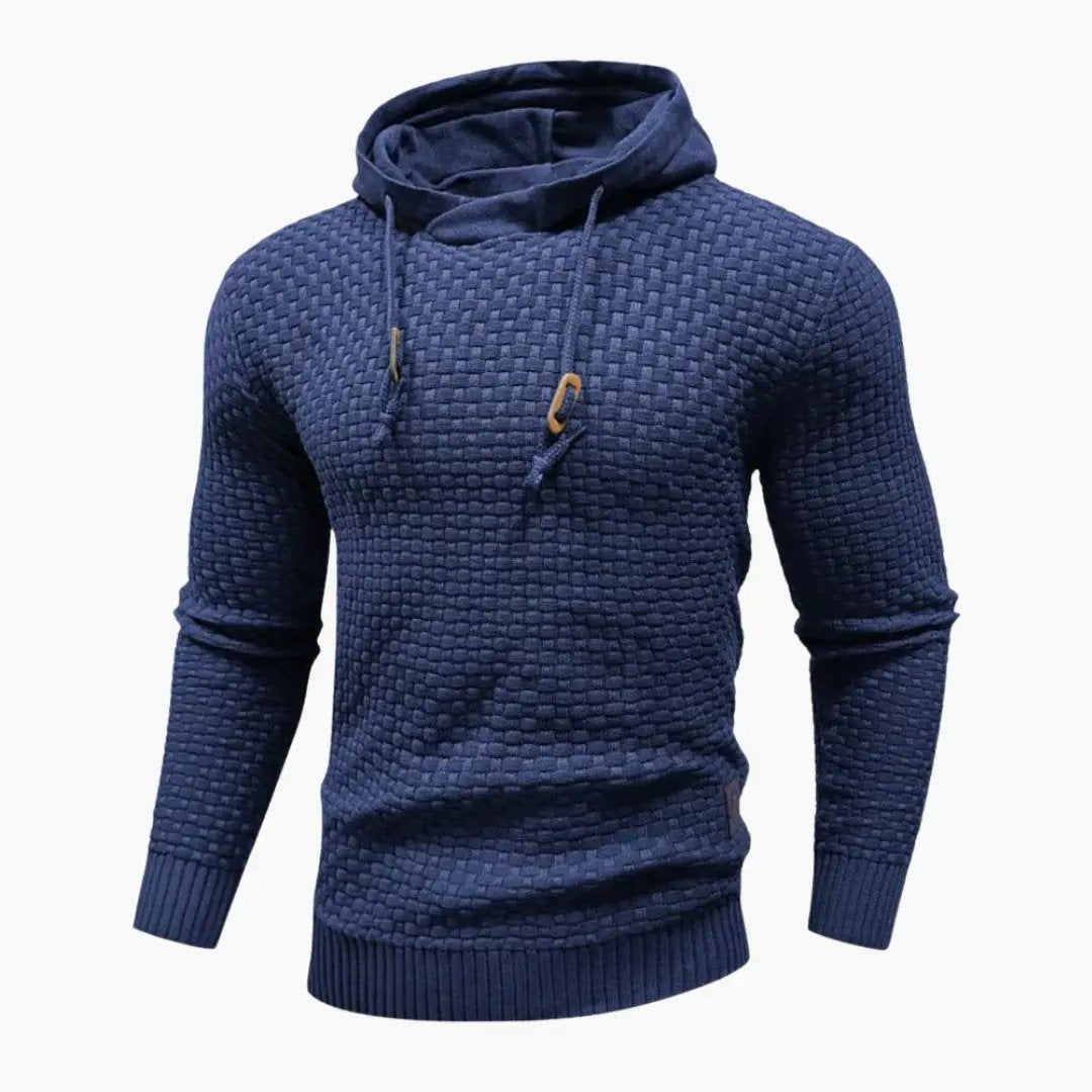 Men's navy blue hoodie with textured knit, drawstring hood, ribbed cuffs and hem