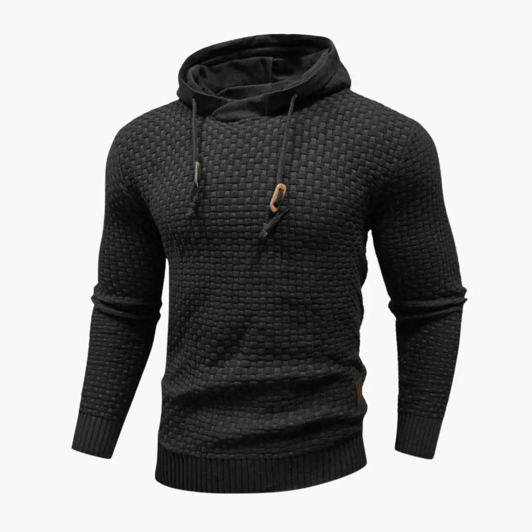 Men's black textured hoodie with hood and drawstrings