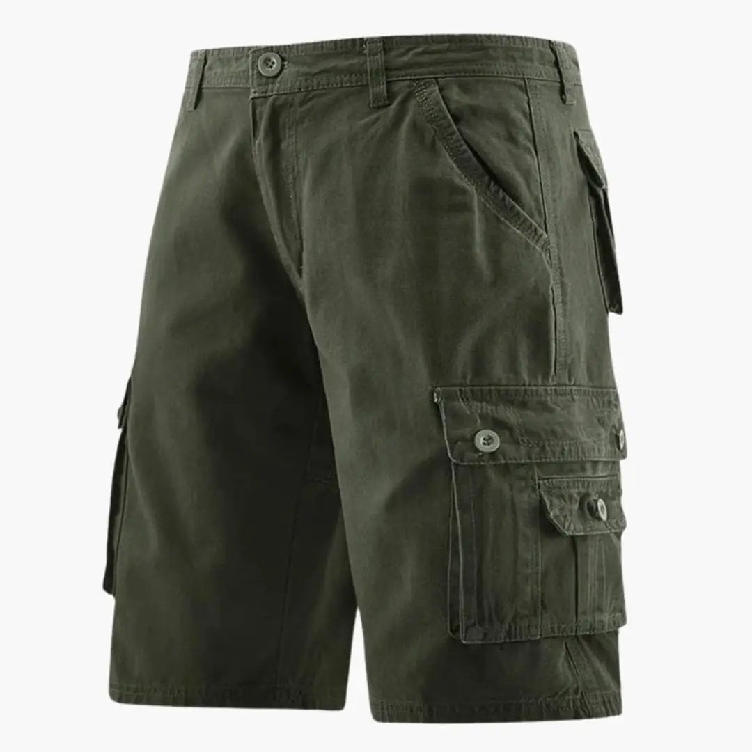 Men's olive green knee-length cargo shorts with elastic waistband and utility pockets