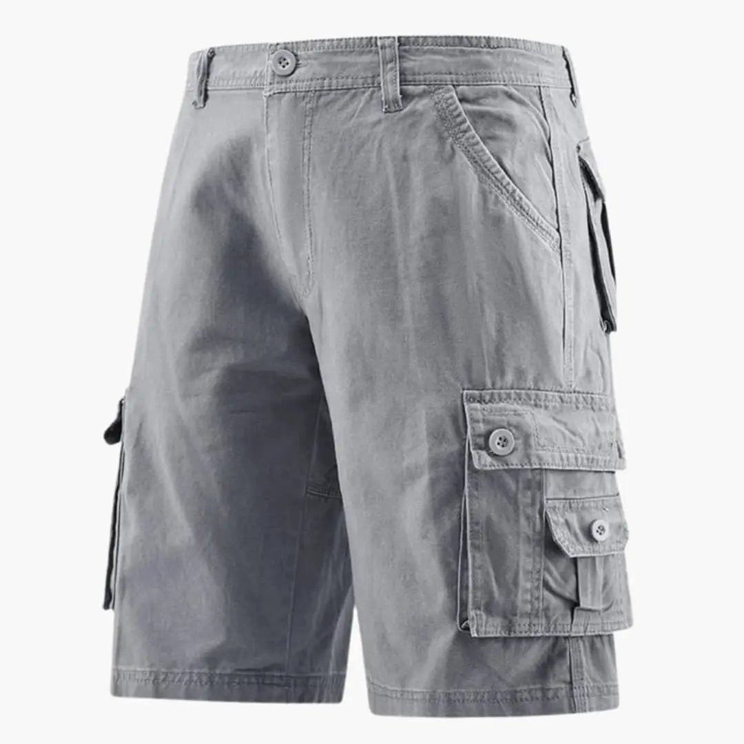 Men's knee-length gray cargo shorts with utility pockets and buttoned cargo pockets