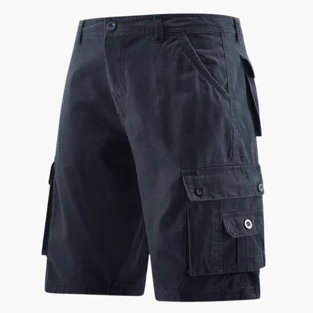 Men's knee-length cargo shorts in navy with elastic waistband and utility pockets