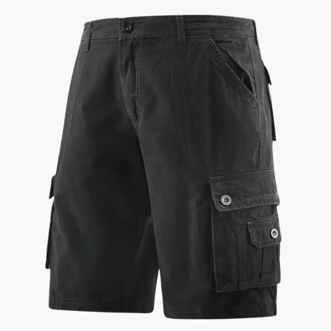 Men's knee-length cargo shorts by Wilfred Smith in black with elastic waistband and multiple utility pockets.