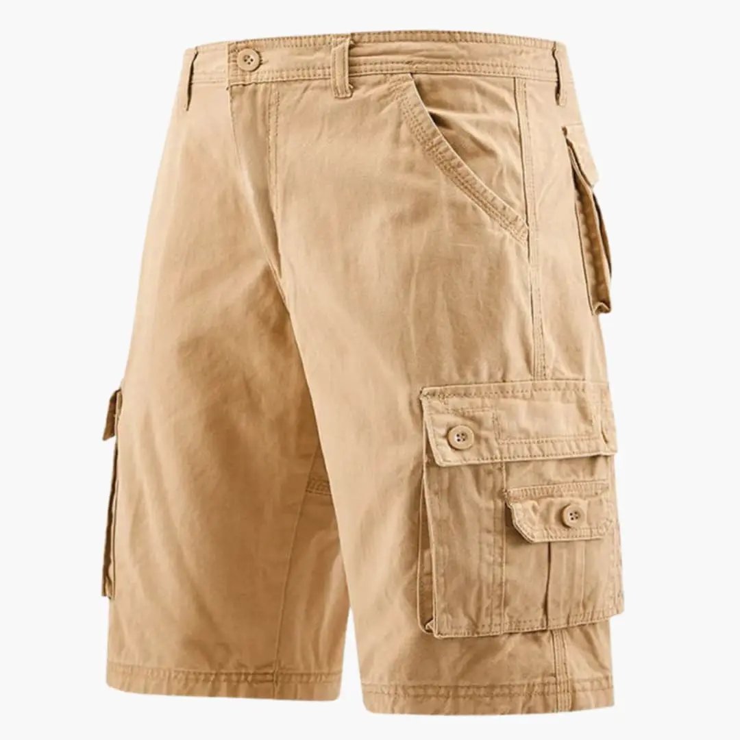 Men's knee-length cargo shorts in tan with multiple utility pockets.