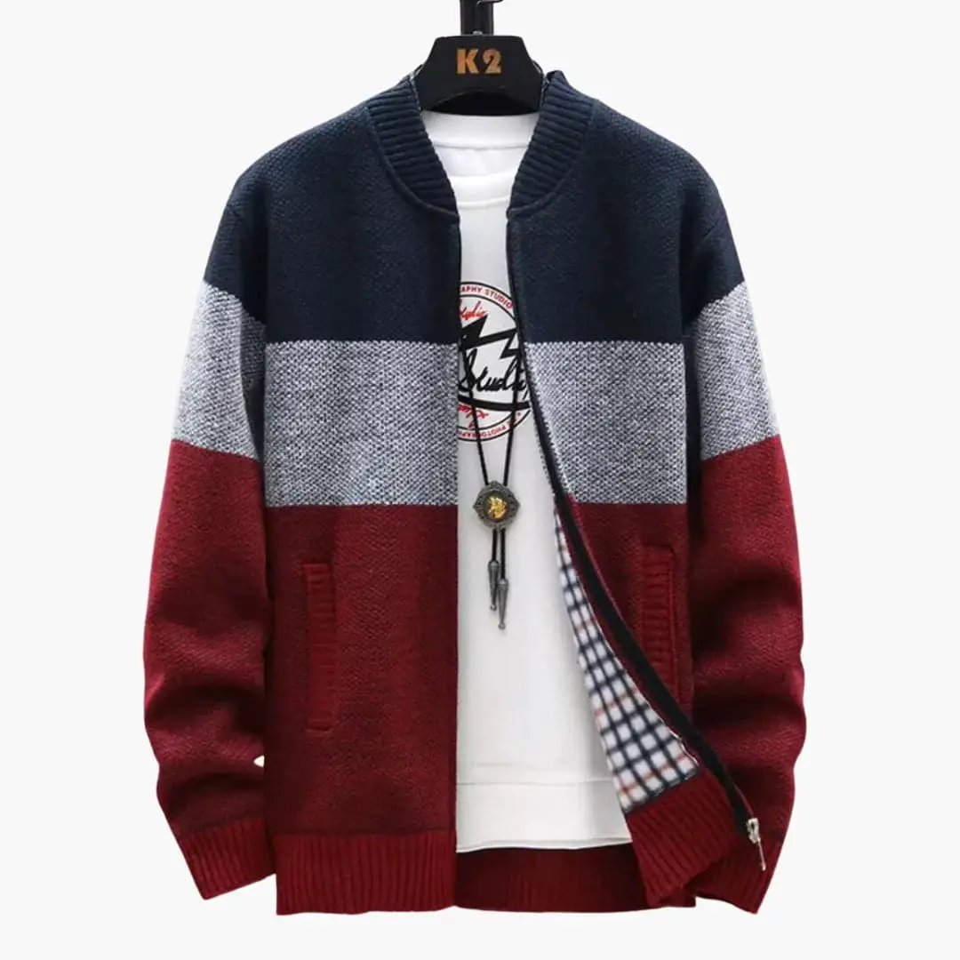 Men’s Knit Zip Cardigan with High Collar and Ribbed Hem; navy, gray, and burgundy color blocks.