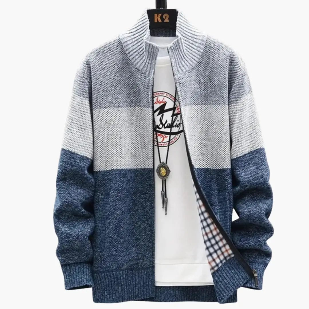 Men’s knit zip cardigan; color-block light gray, gray, and navy with a high collar and ribbed hem.