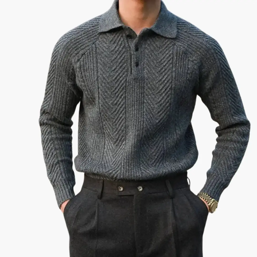 Men’s Knitted Sweater with Half Zip in charcoal gray, ribbed hem