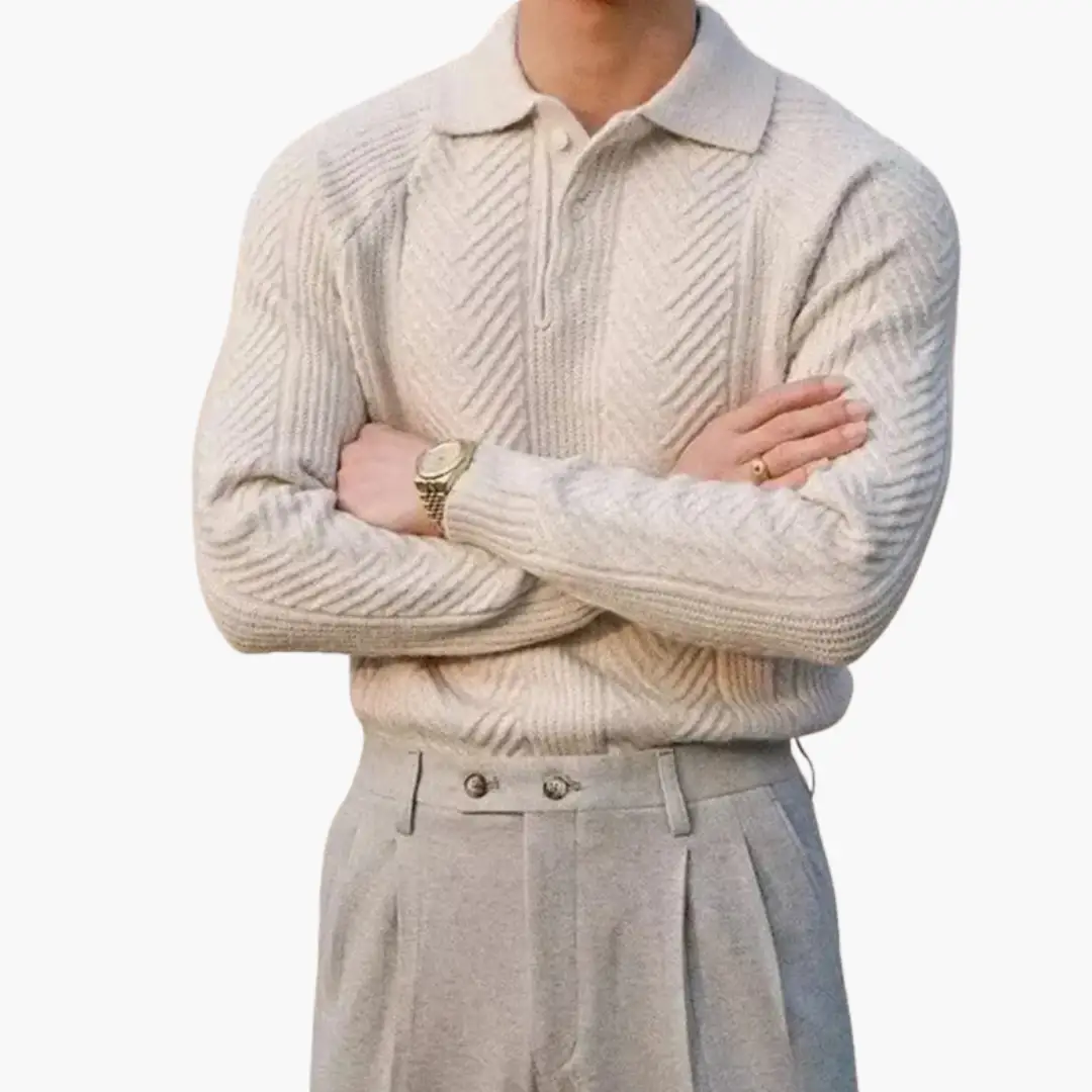 Men’s Knitted Sweater with Half Zip and Ribbed Hem in beige knit with polo collar.