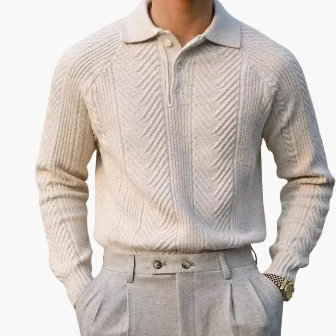 Men’s Knitted Sweater with Half Zip and Ribbed Hem in beige.