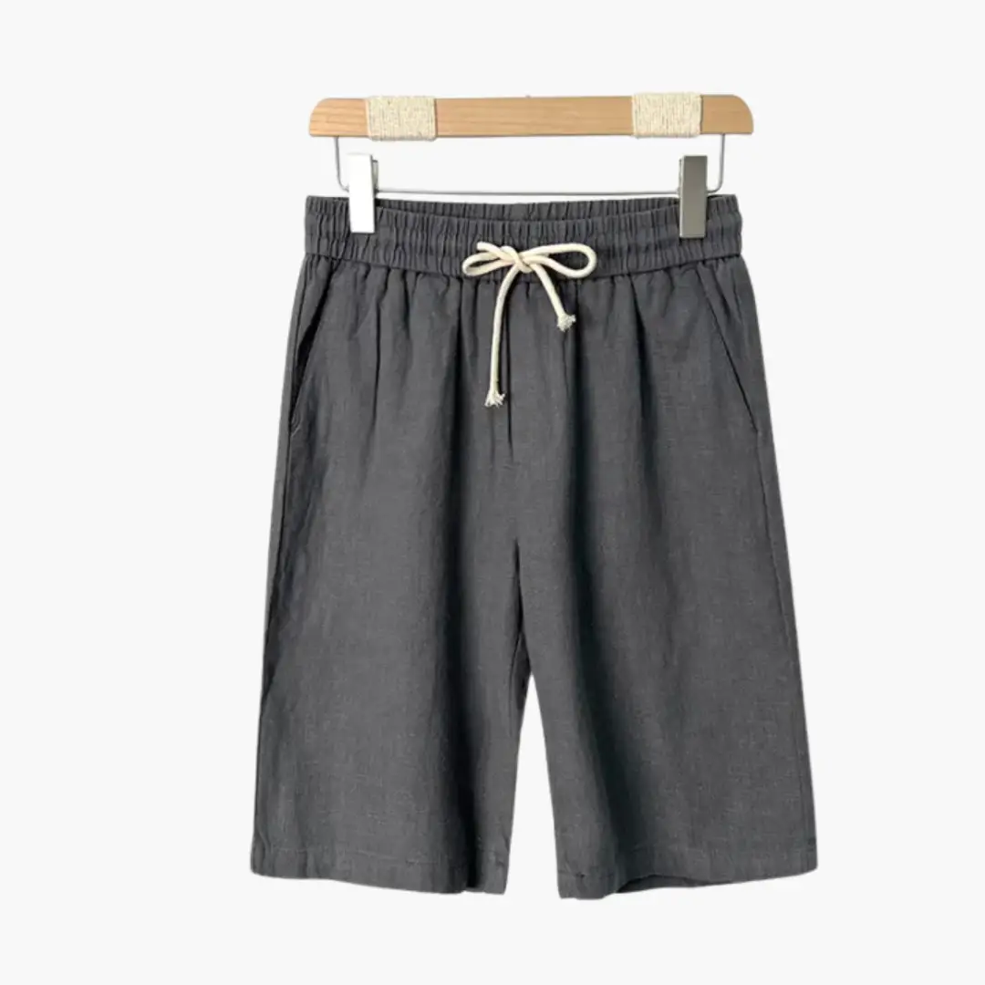 Men's linen shorts with elastic waistband and drawstring, dark gray with side pockets