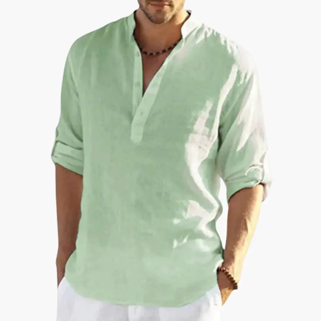 Men's mint green long-sleeve roll-up sleeve shirt with button placket and mandarin collar