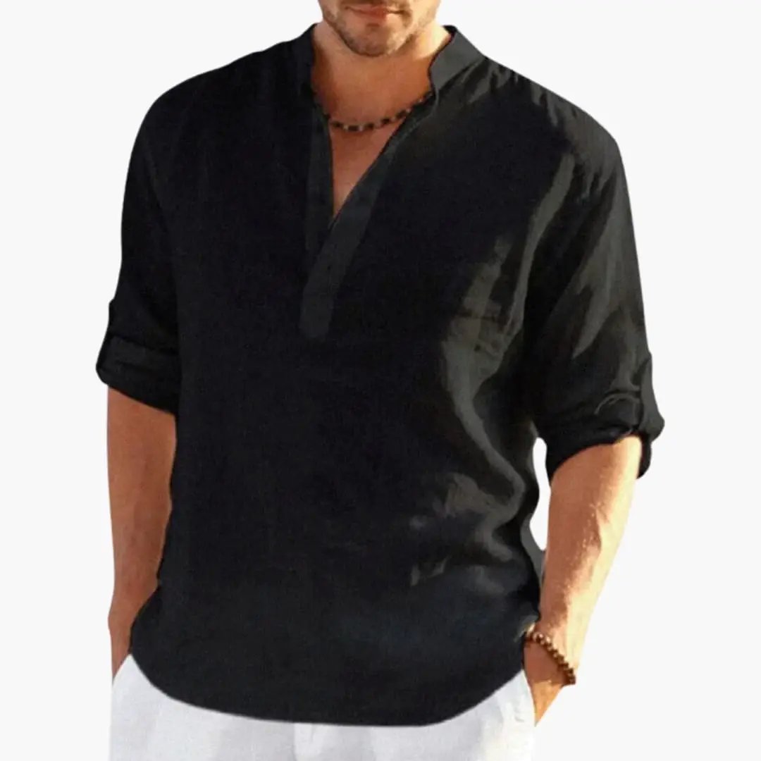 Men's roll-up sleeve shirt with button placket and mandarin collar in black, rolled cuffs.