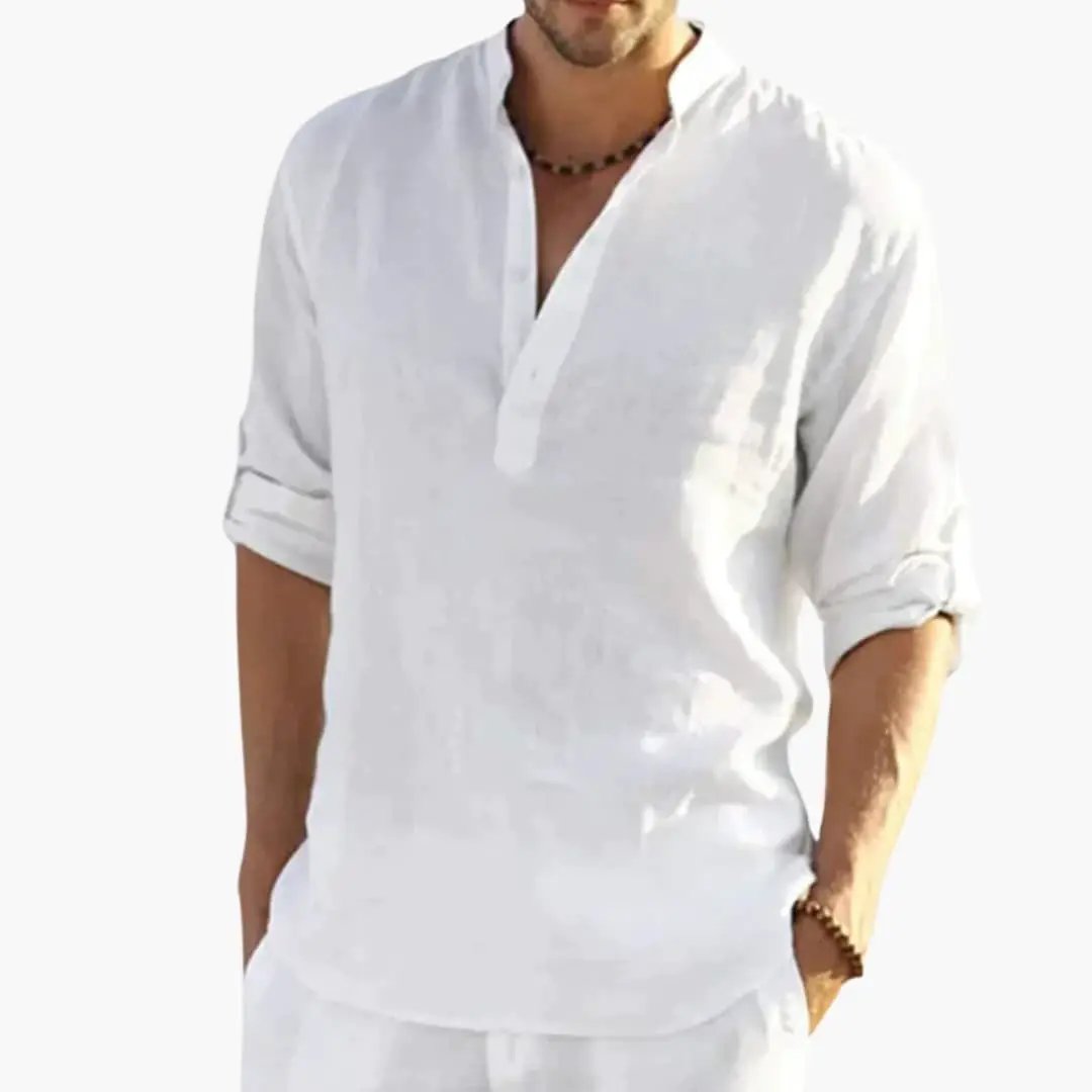 Men's roll-up sleeve shirt with button placket and mandarin collar, white.