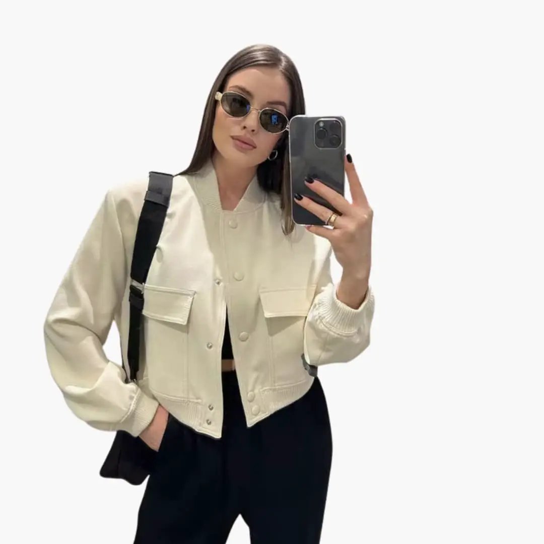 Men's bomber jacket in cream with ribbed hem and zip fastening