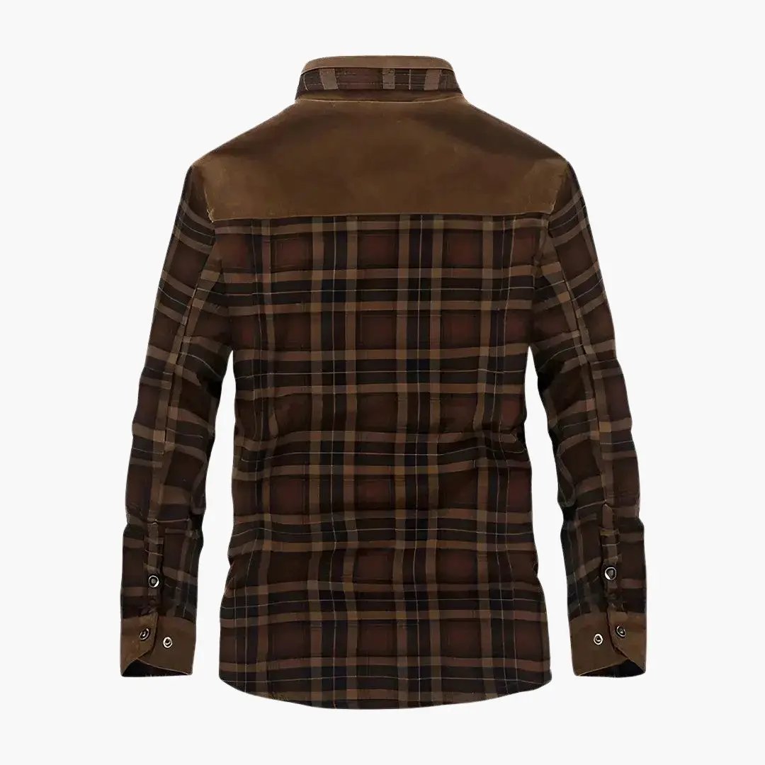 Men’s plaid shirt jacket with fleece lining in brown plaid, long sleeves with button cuffs