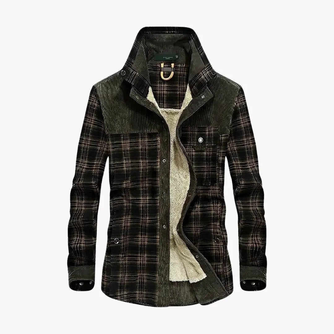 Men's plaid shirt jacket with fleece lining by Wilfred Smith, dark plaid with front pockets
