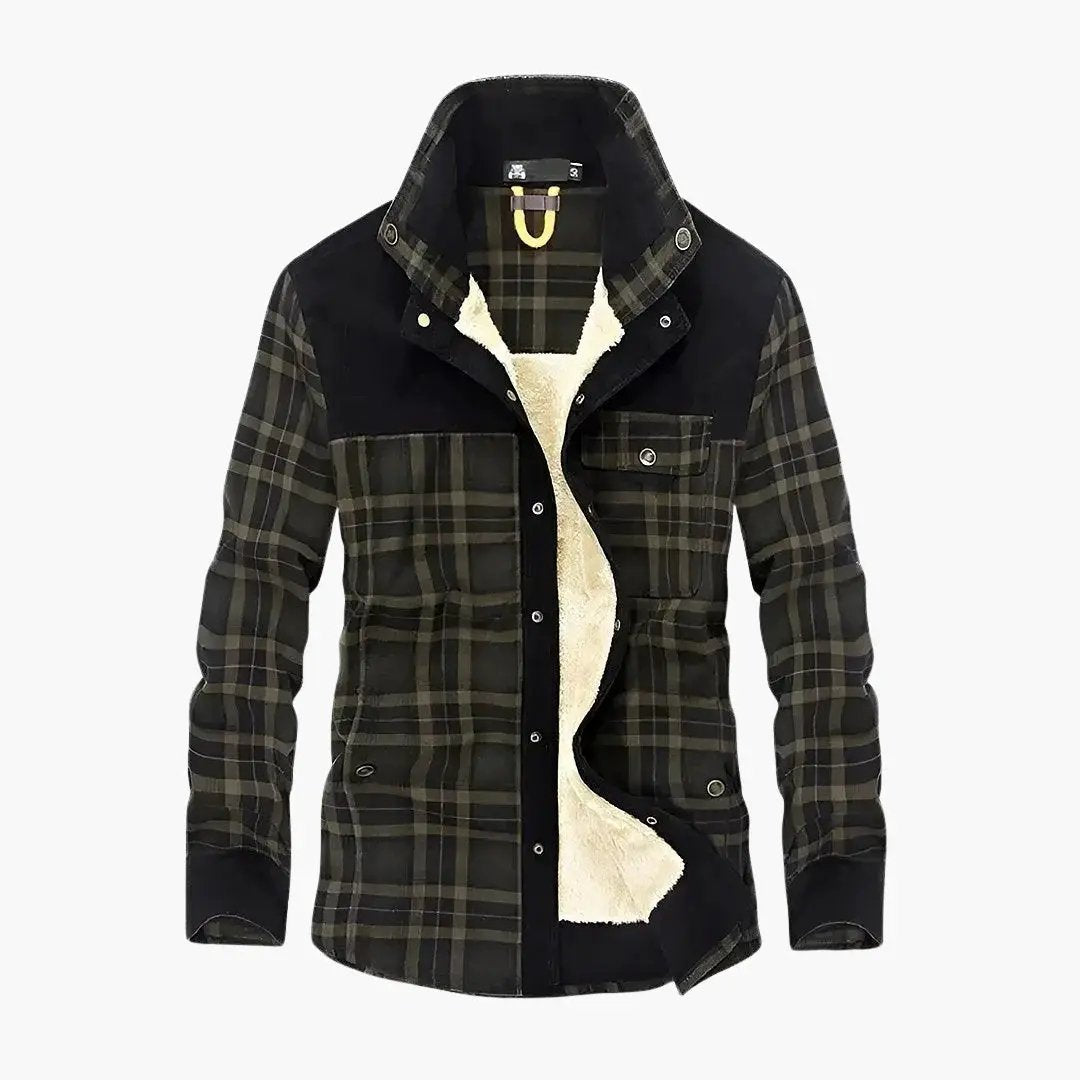 Men's plaid shirt jacket with fleece lining, olive-green and black plaid, front buttons and pockets