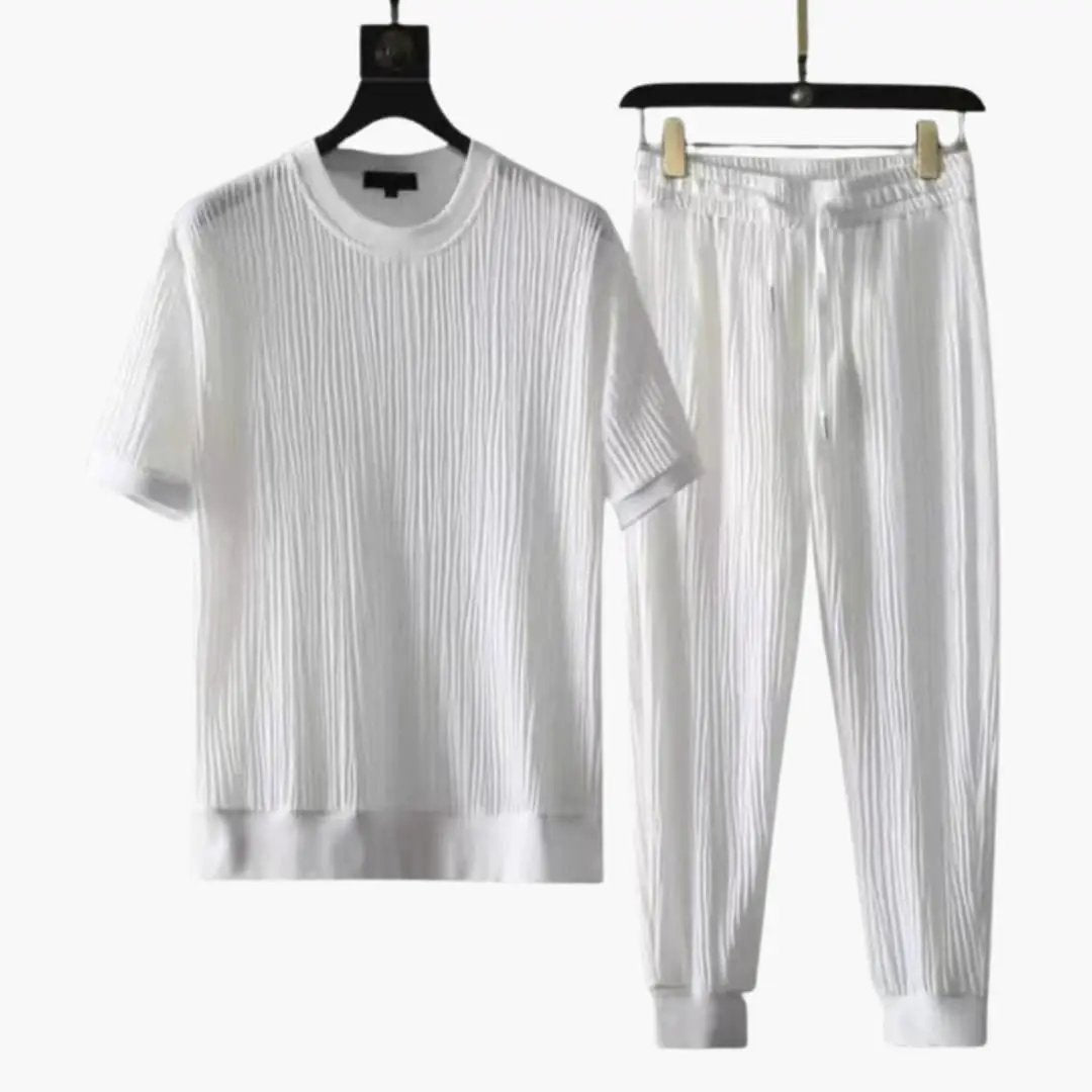Men’s Pleated Two-Piece Jogger Set by Wilfred Smith, white short-sleeve tee and drawstring pants