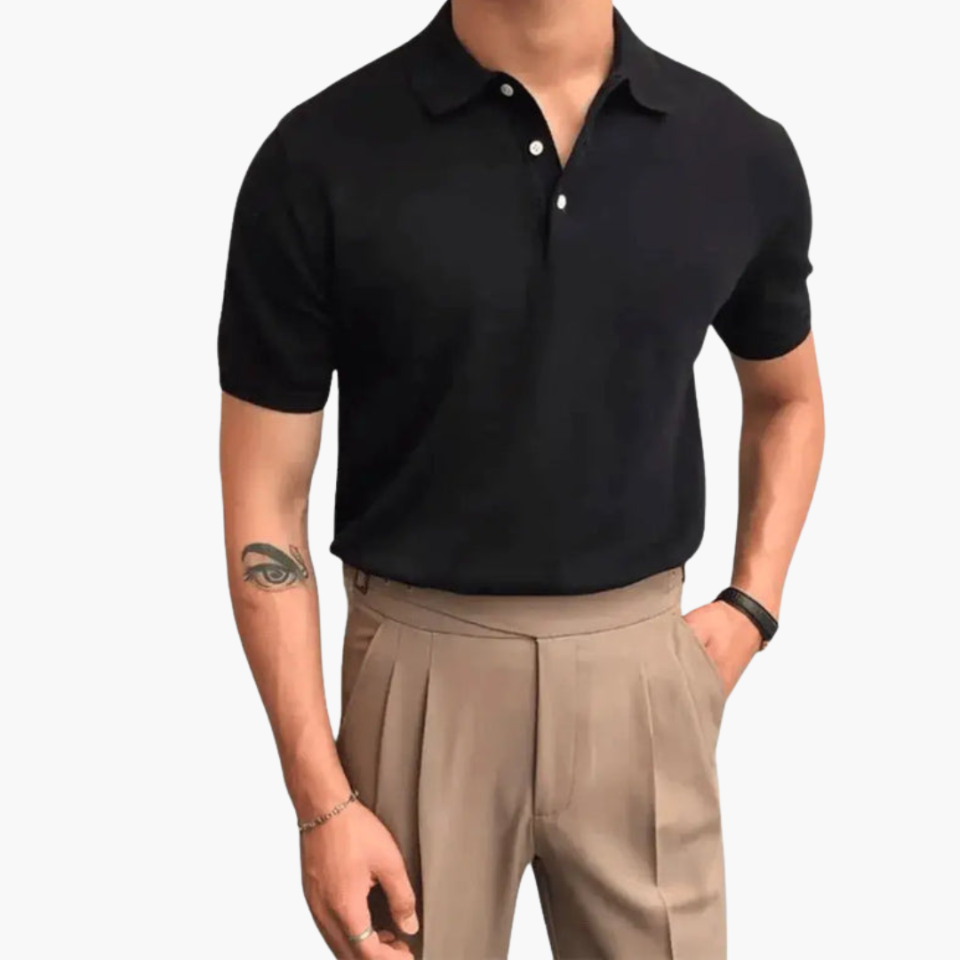 Men’s black polo shirt with collar and short sleeves, classic polo top