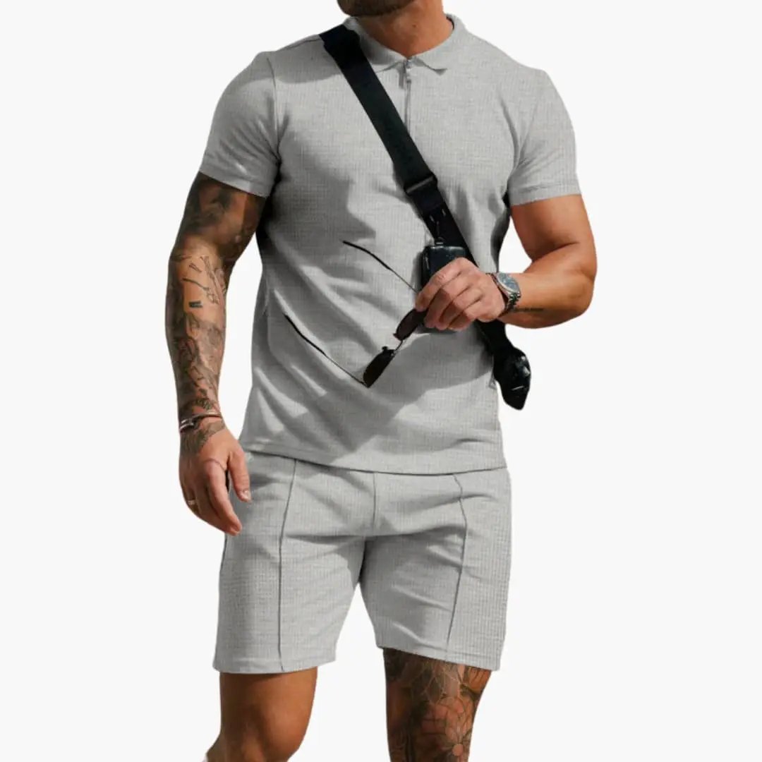 Men's polo shirt with side pockets and textured surface in light gray, with matching shorts (2-piece set)
