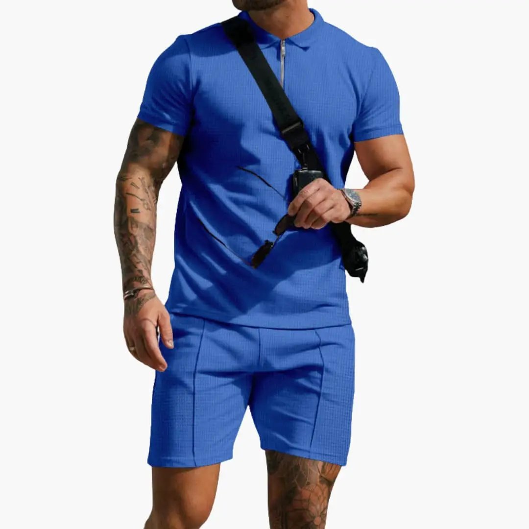 Men's polo shirt with side pockets in blue, textured surface