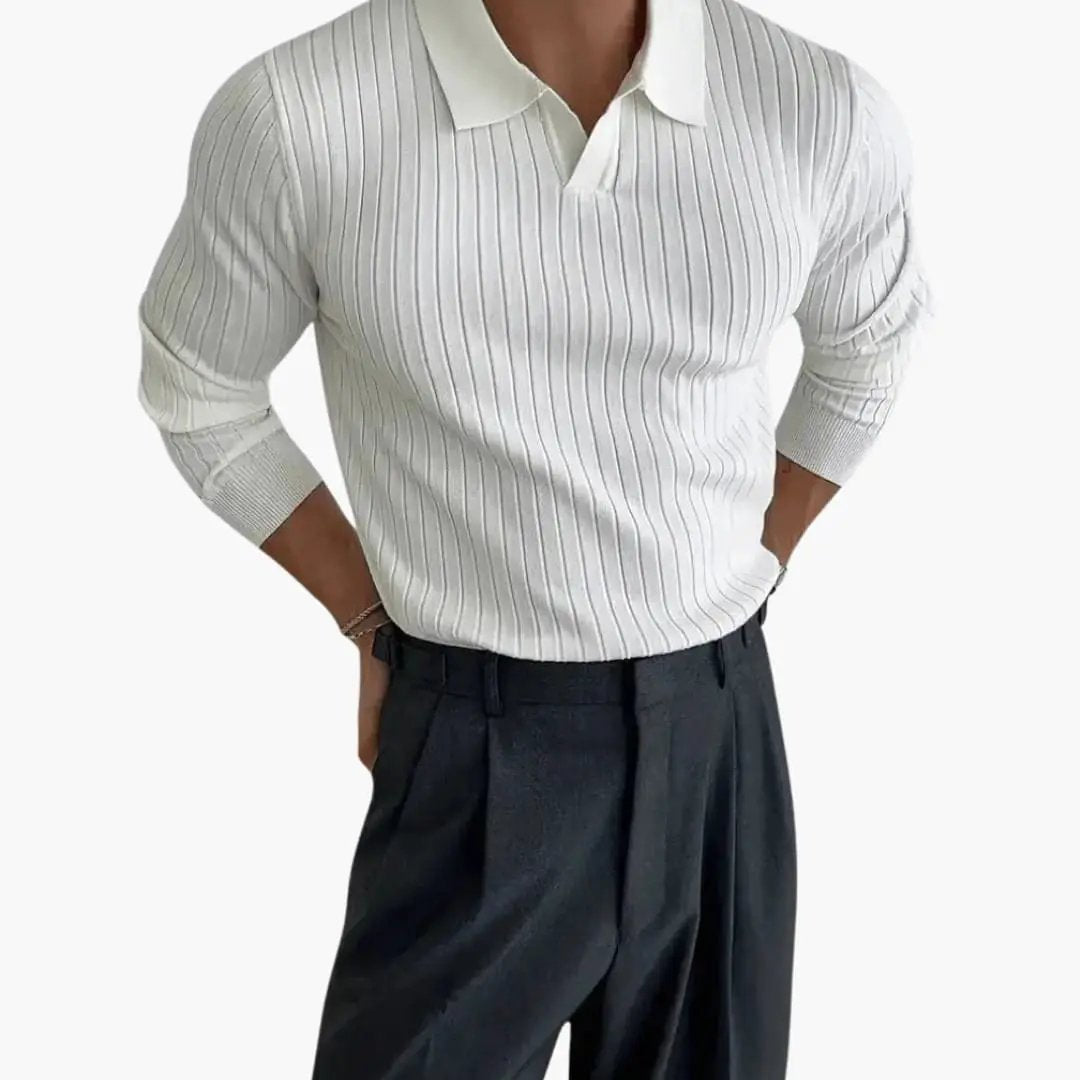 Men’s Ribbed Knit Sweater with Polo Collar in white, long sleeves