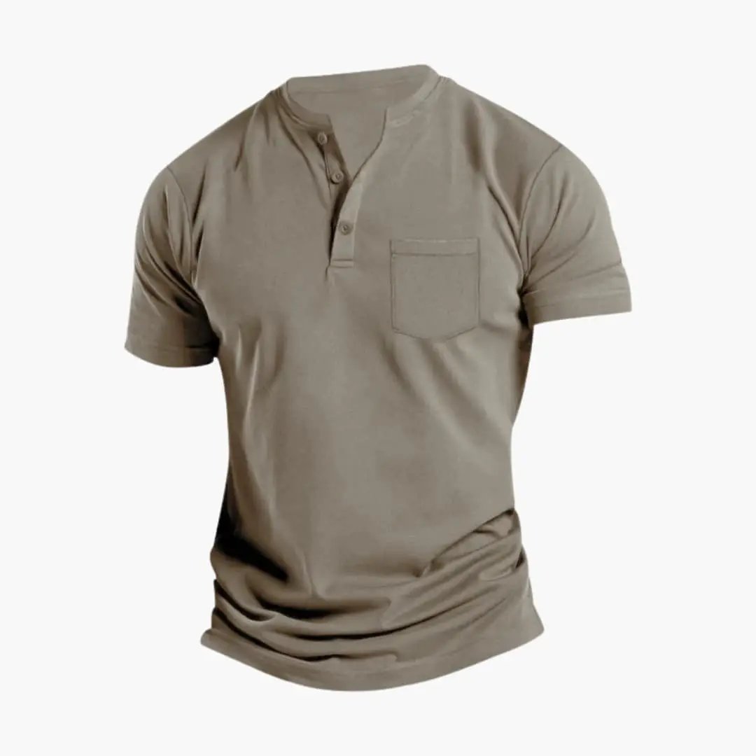 Men's short-sleeve Henley T-shirt with chest pocket in taupe