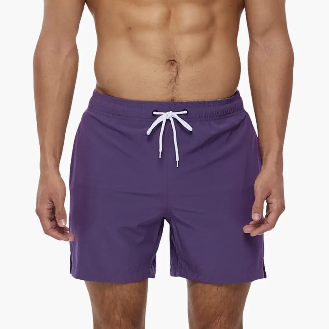 Men’s shorts with elastic waistband, purple, white drawstring, Wilfred Smith