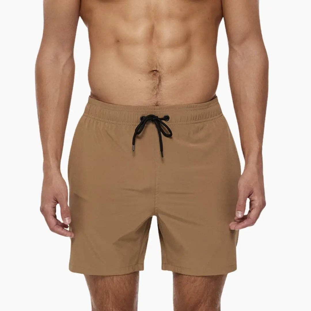 Men’s Shorts with Elastic Waistband, tan color with black drawstring, short trousers