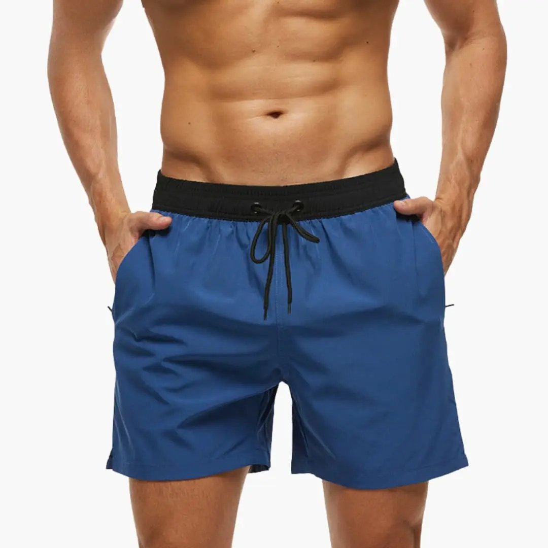 Men’s blue shorts with elastic waistband and black drawstring