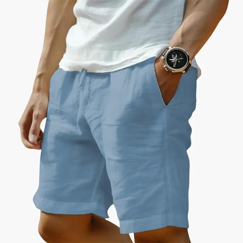 Men's mid-length light-blue chino shorts with elastic waistband and drawstring, Wilfred Smith
