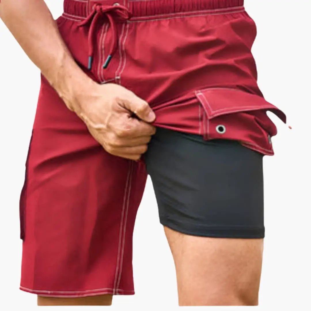 Men’s Stretch Swim Shorts with black inner lining and side cargo pocket, red Wilfred Smith boardshorts