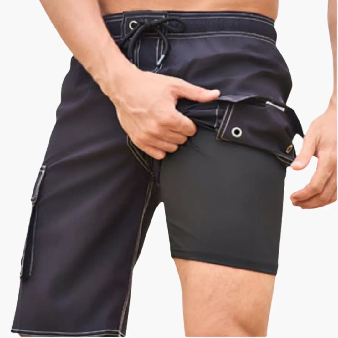 Men’s Stretch Swim Shorts with Inner Lining and Side Cargo Pocket, navy with grey lining, boardshorts