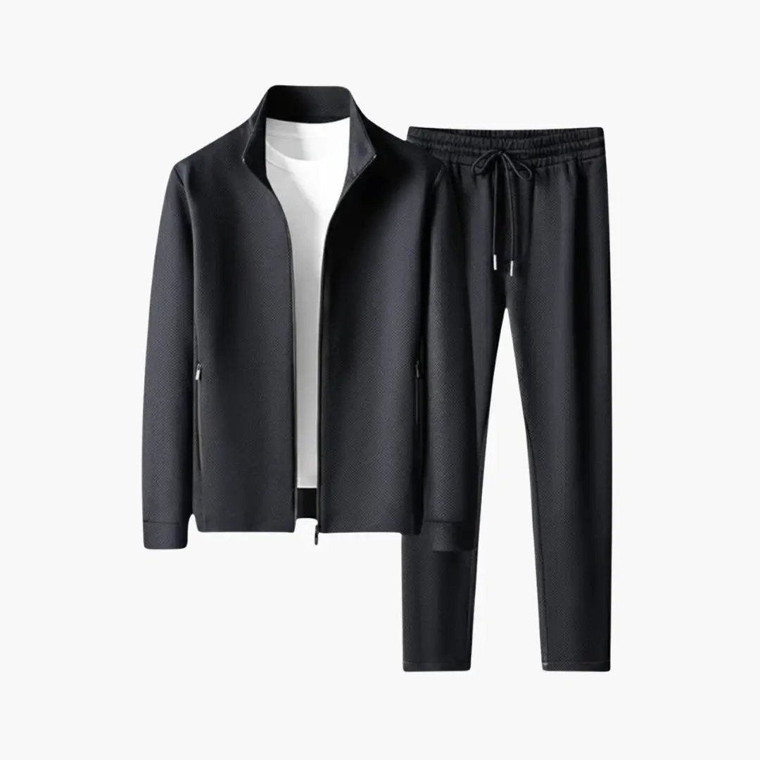 Men’s wedding suit set by Wilfred Smith: black zip-front jacket with matching drawstring pants