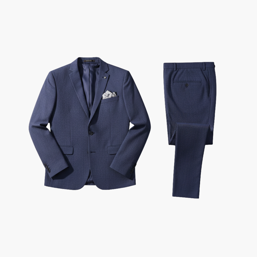 Men's two-piece navy blue summer suit set with jacket, slim trousers, and pocket square by Wilfred Smith