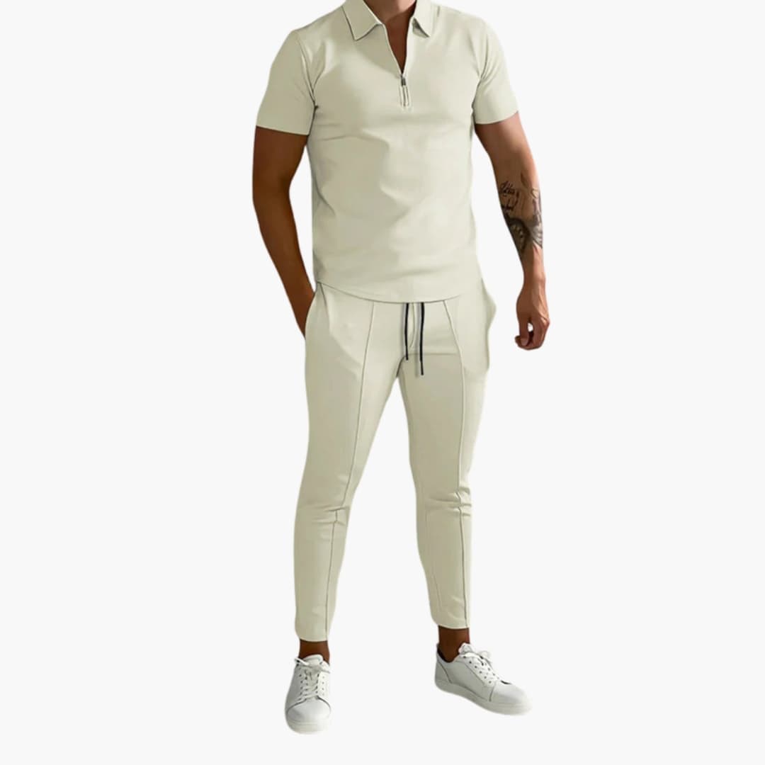 Men’s Sweatshirt and Jogger Set by Wilfred Smith in cream; zip-neck polo top with matching drawstring joggers.