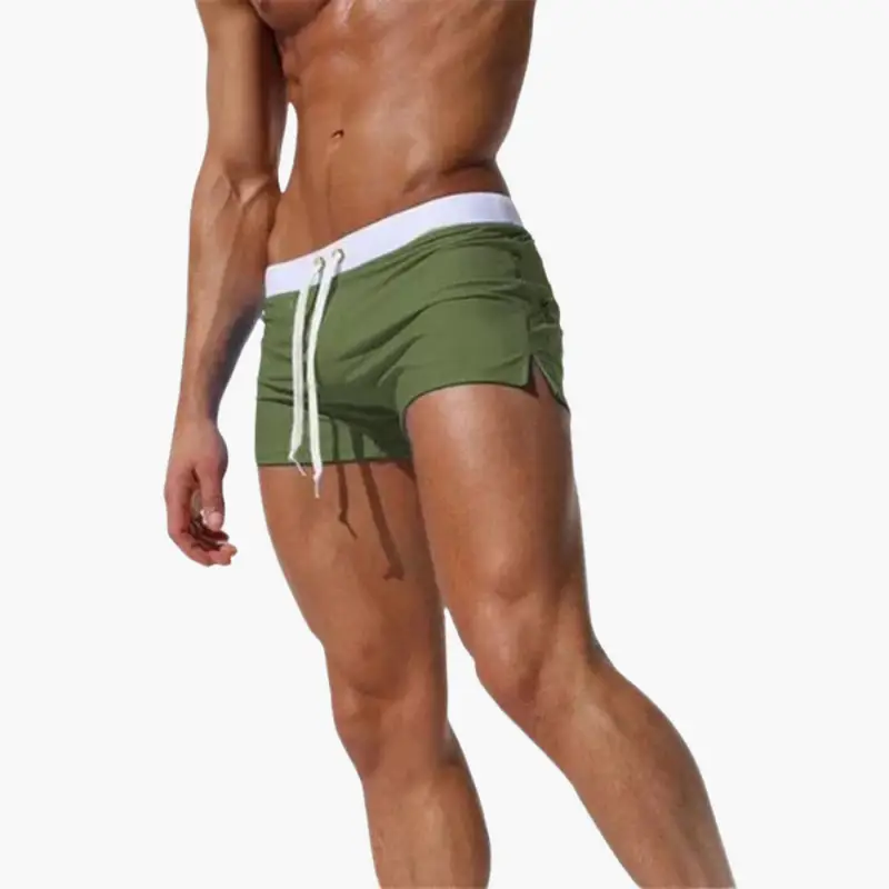Men’s Swim Shorts with Drawstring and Fitted Waist in olive green with white waistband