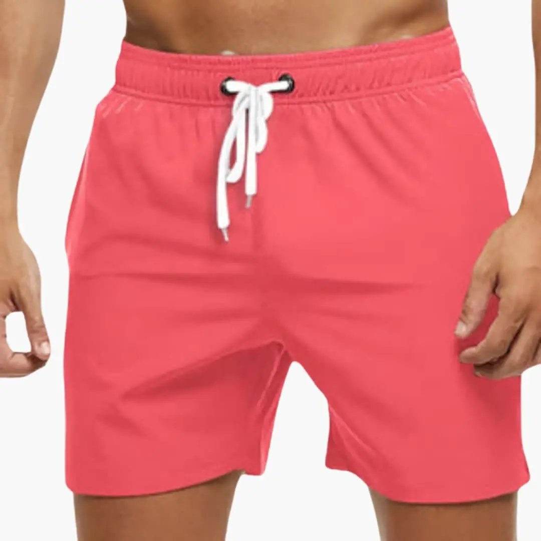 Men’s Swim Shorts by Wilfred Smith, coral pink boardshorts with elastic waist and white drawstring