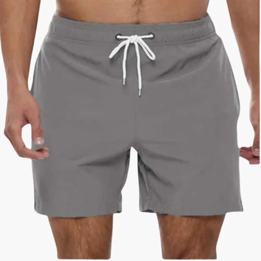 Men's gray boardshorts with elastic waistband and white drawstring