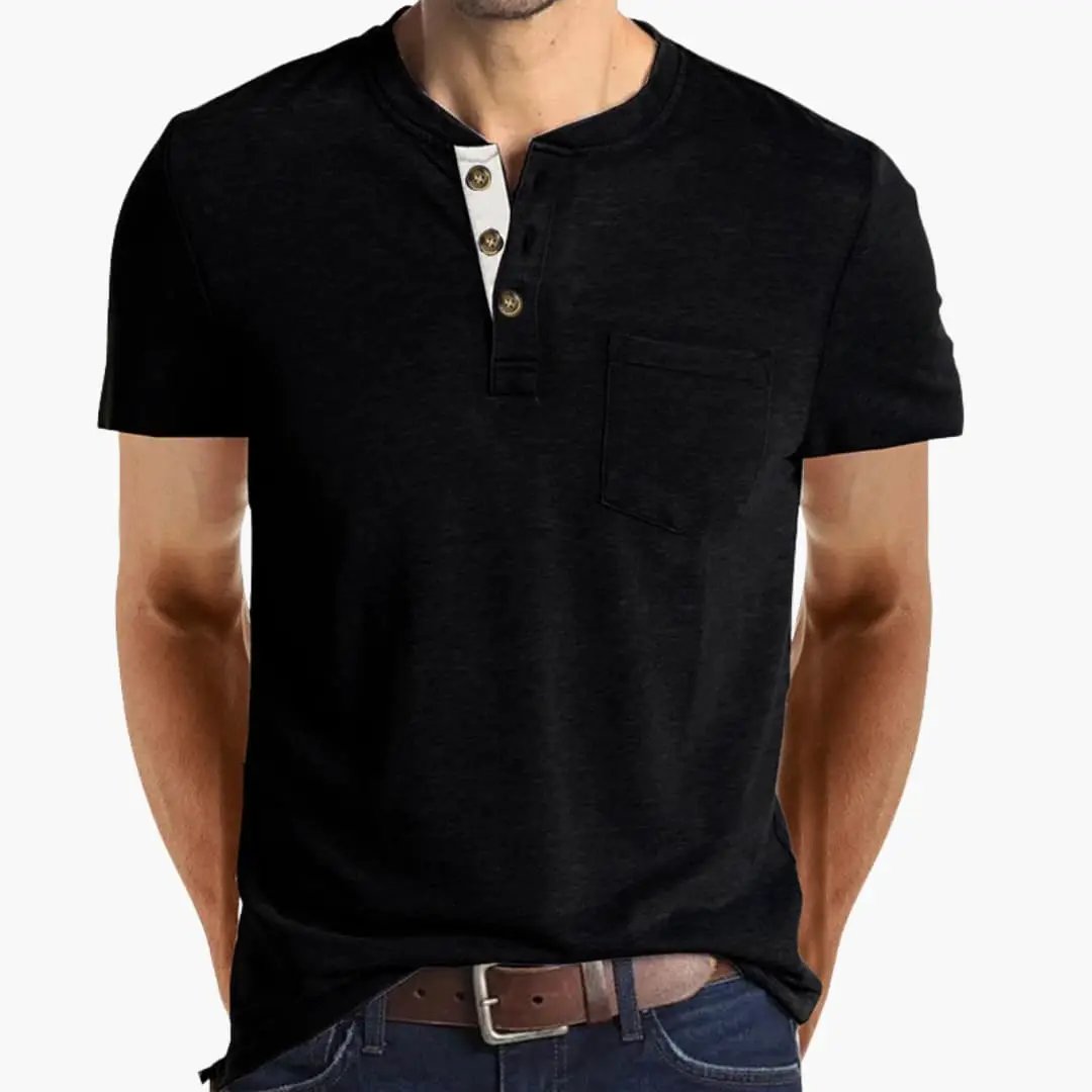 Men's black T-shirt with chest pocket and white Henley placket with brown buttons.