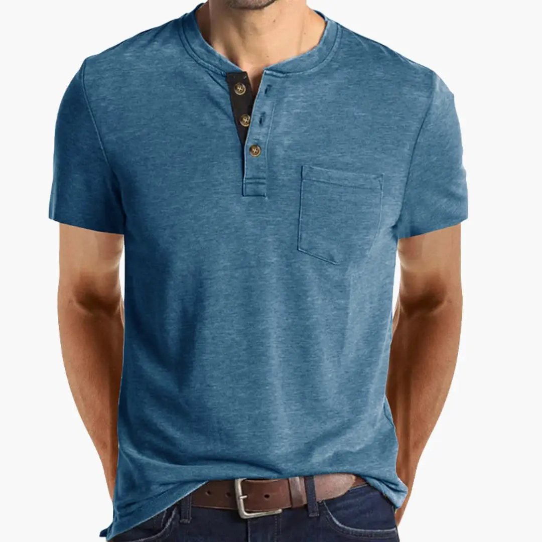 Men's T-Shirt by Wilfred Smith in blue with Henley-style button placket and chest pocket
