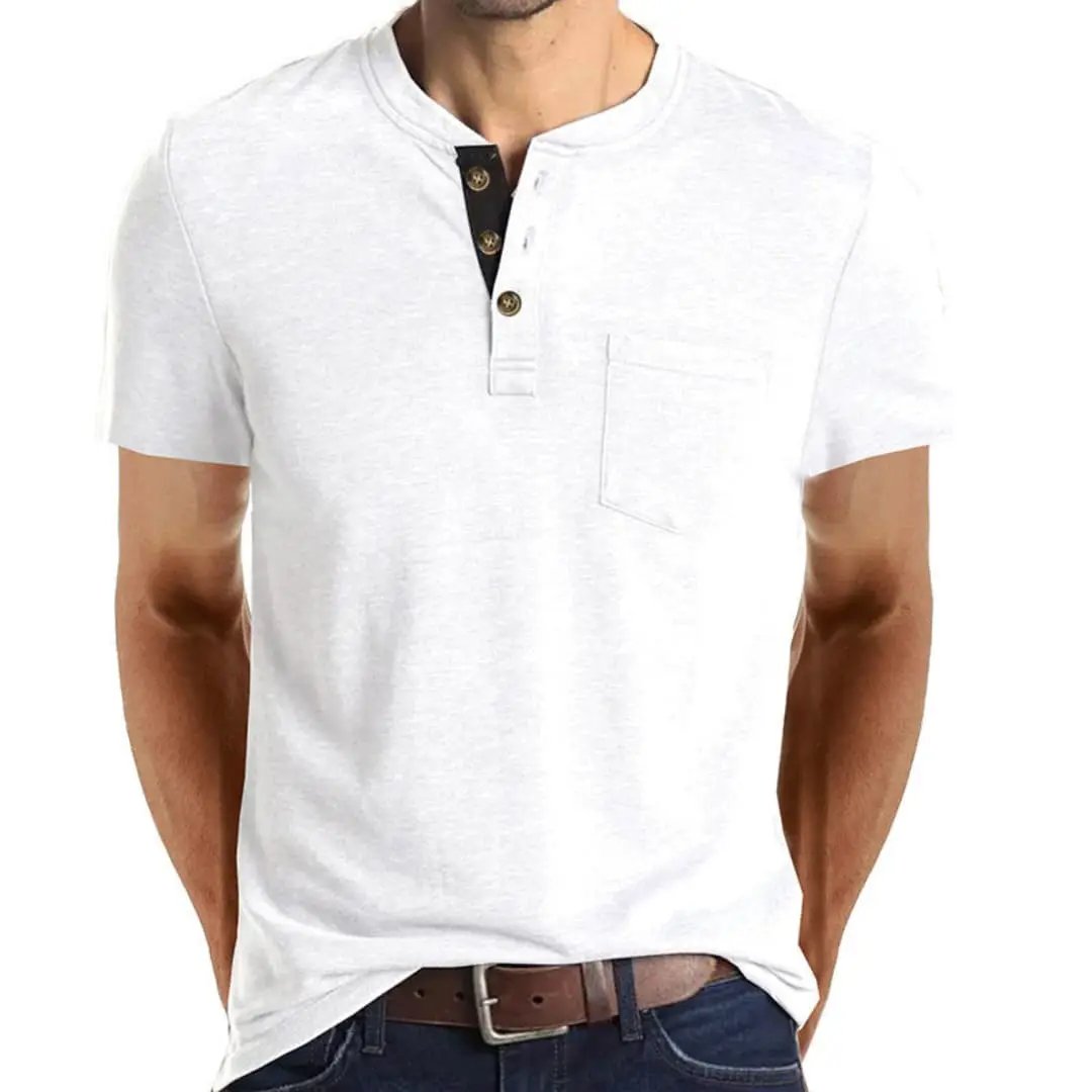 Men's white T-shirt with textured collar and chest pocket, short sleeves.