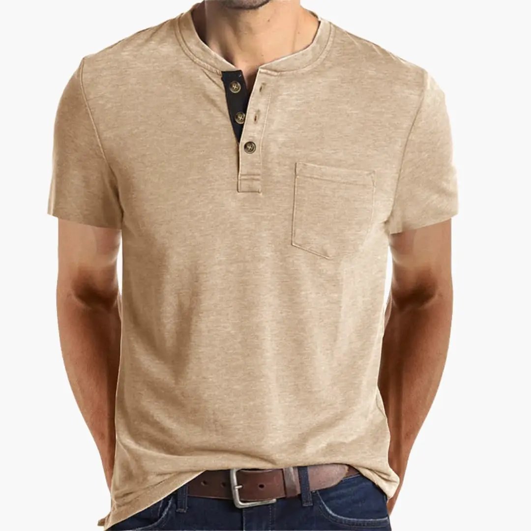Men's T-shirt with textured collar and chest pocket in beige by Wilfred Smith