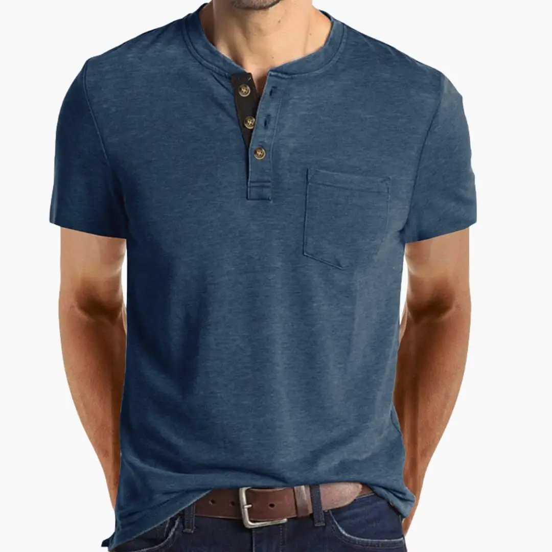Men's short-sleeve T-Shirt in blue heather with textured collar and chest pocket