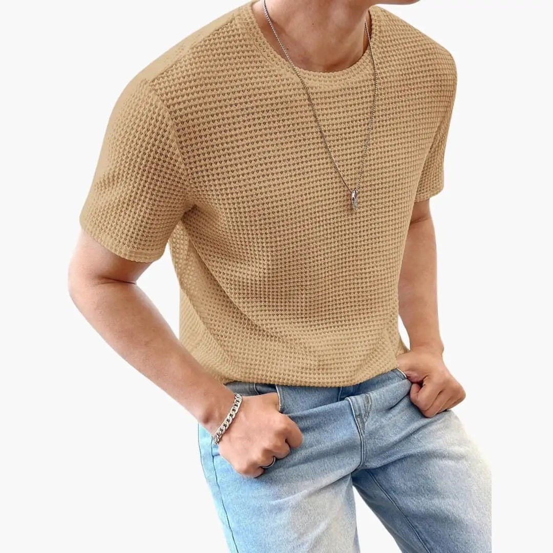 Men’s textured crew-neck short-sleeve T-shirt in tan knit fabric, Wilfred Smith.
