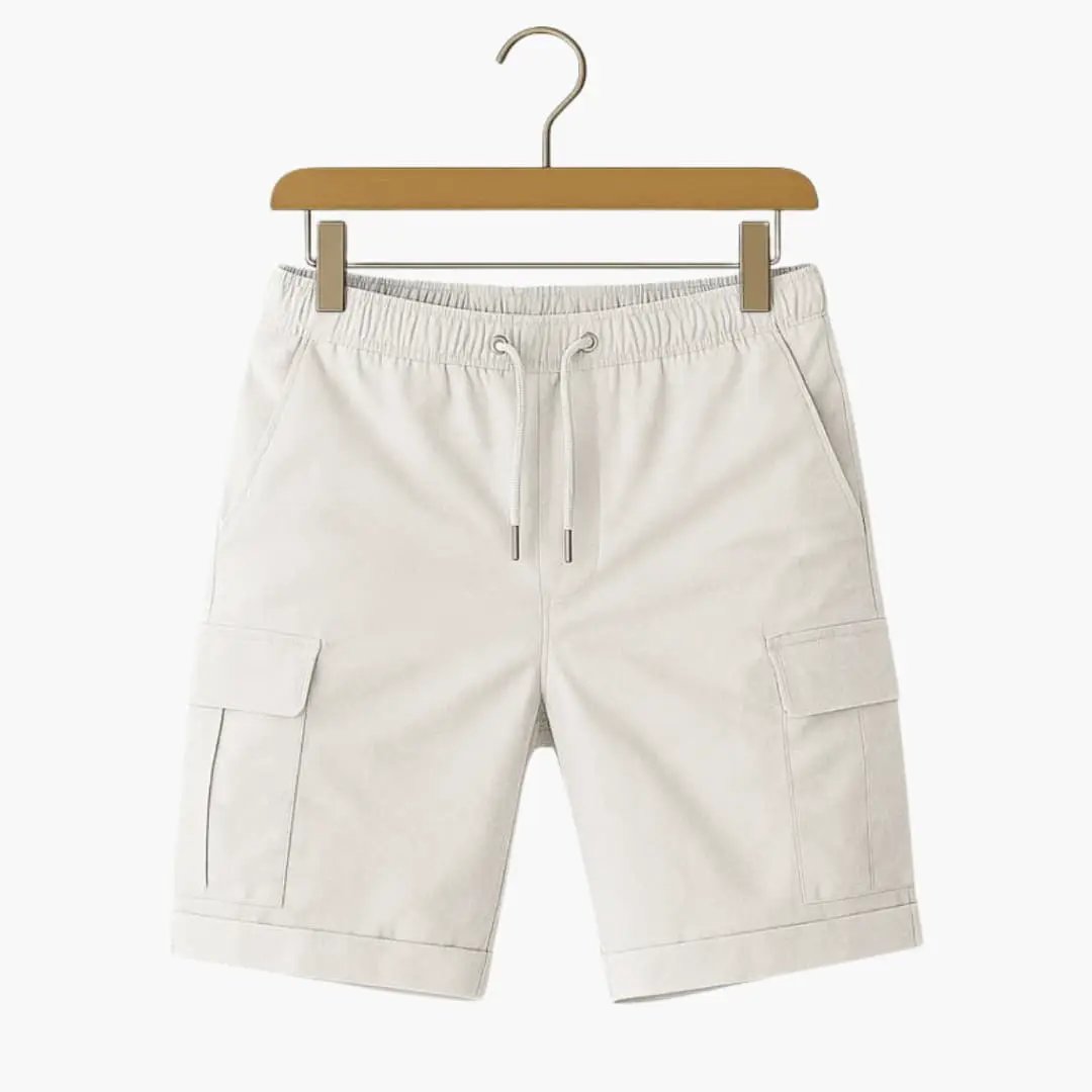 Men's thigh-length cargo shorts by Wilfred Smith in beige with elastic waist, drawstring and cargo pockets