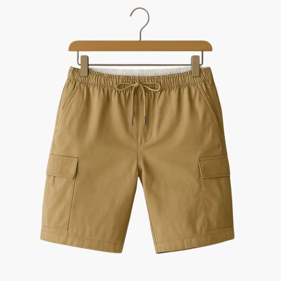 Men's thigh-length cargo shorts in tan khaki with elastic waistband and drawstring, side cargo pockets.