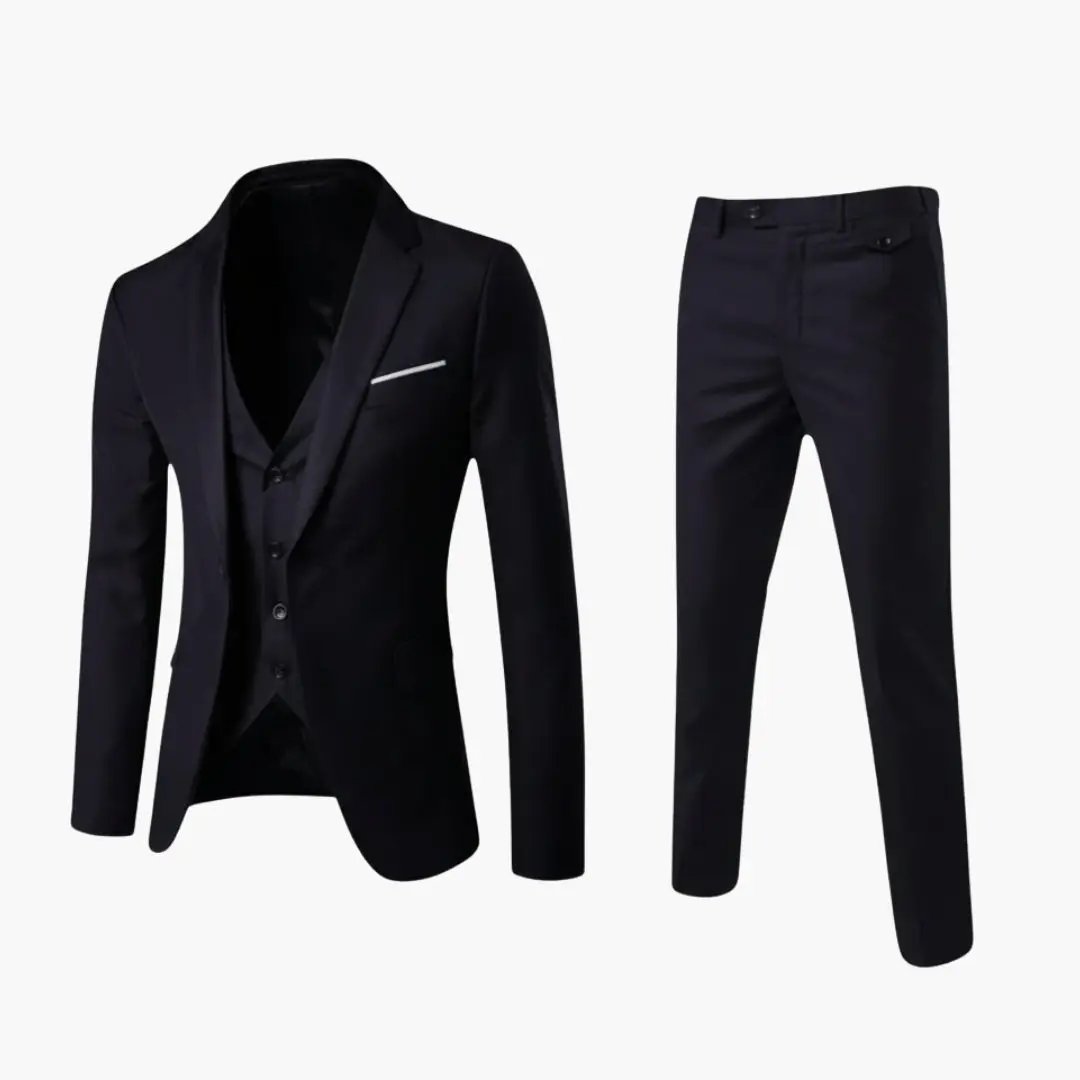 Men's three-piece wedding suit set with jacket, vest and trousers in dark navy, featuring a white pocket square.