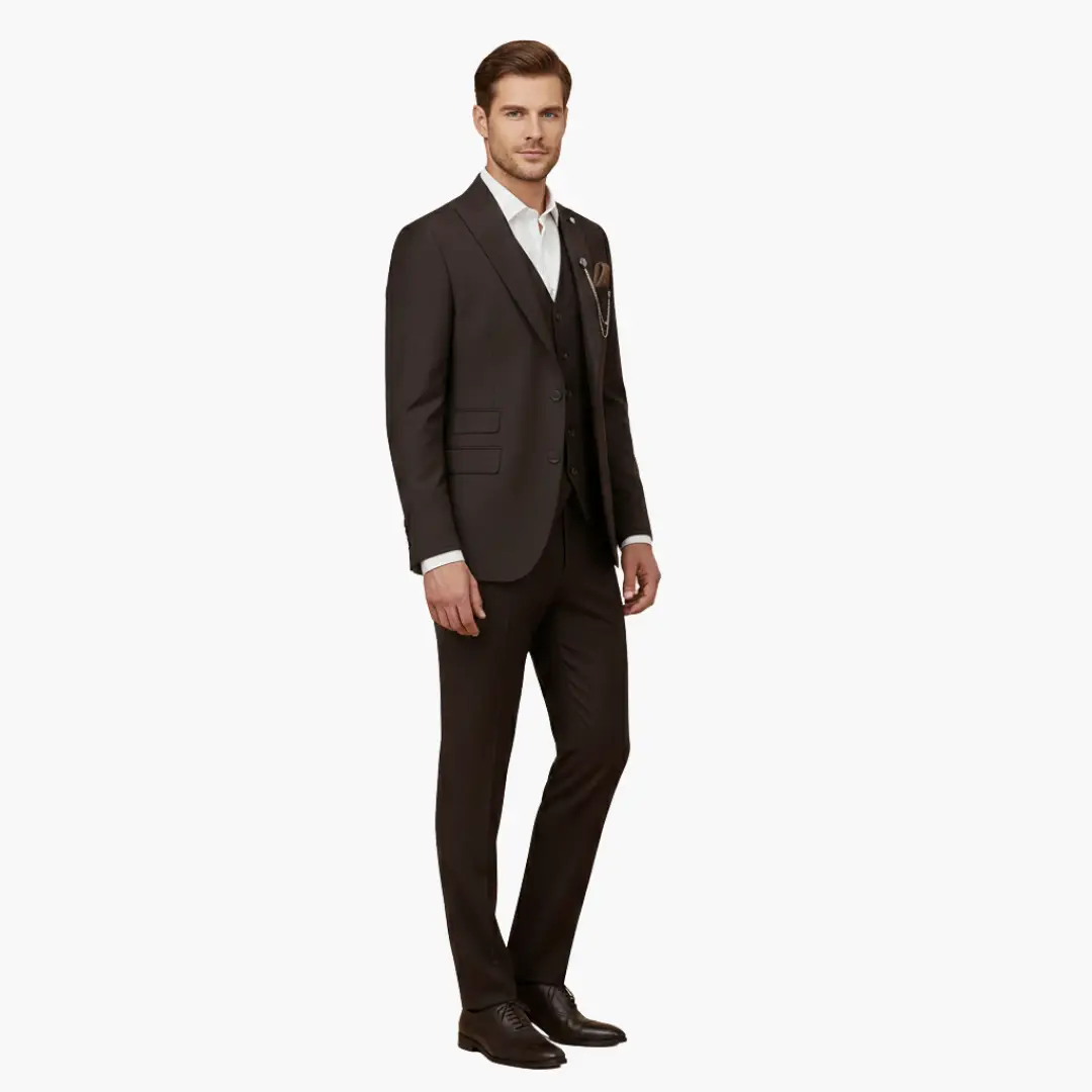 Men's three-piece suit with notch lapel and vest in brown by Wilfred Smith, slim-fit.
