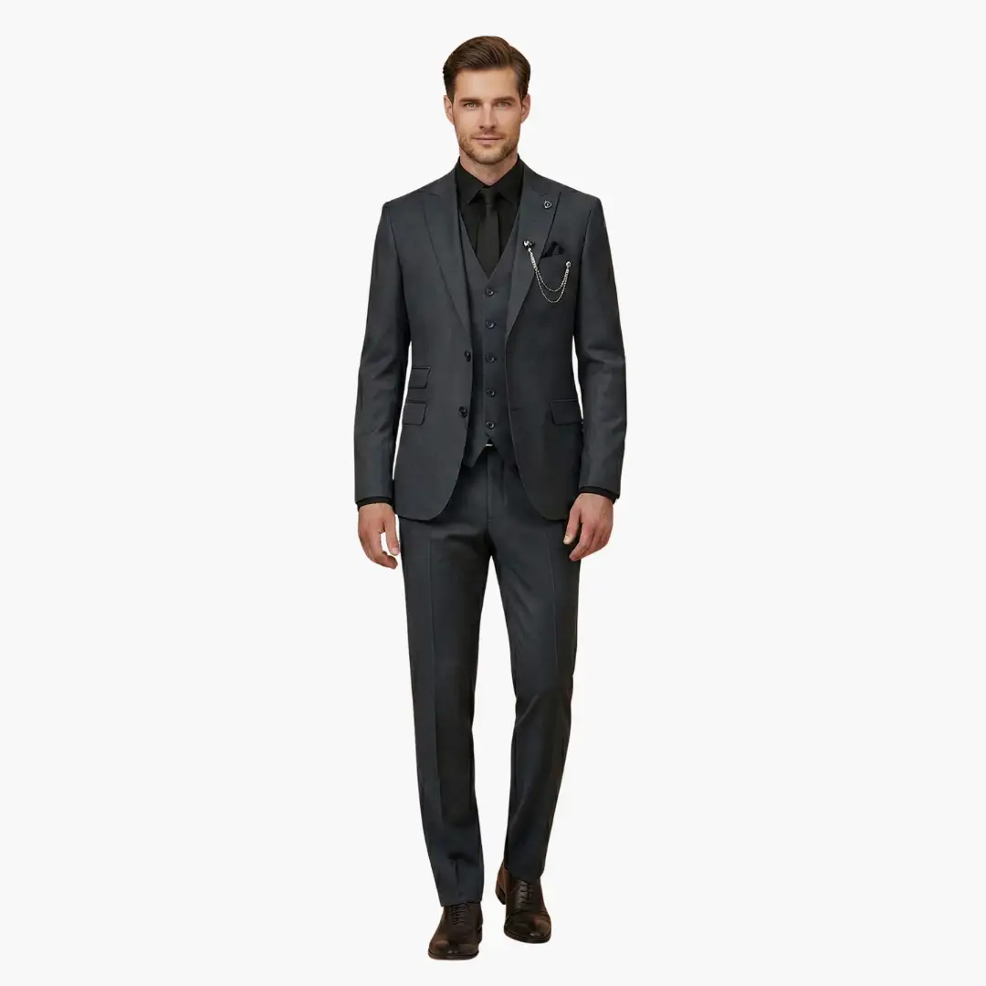 Men's three-piece charcoal gray suit with notch lapel and vest, slim-fit